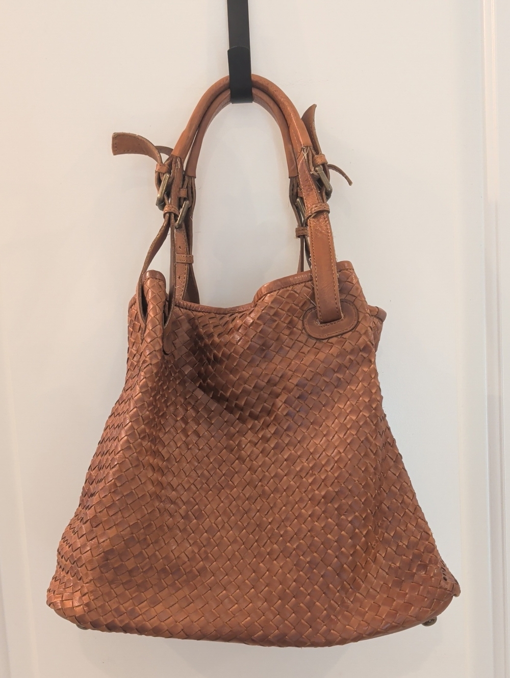Valentina Woven Leather Tote Bag in Brown